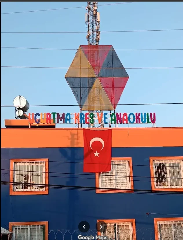 Cephe yakın çekim — dev uçurtma süslemesi ve Türk bayrağı